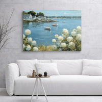 Coastal Harbor Sailboat Canvas Print | Impasto Hydrangea Landscape Art | 1.25 Inch Gallery Wrap | Premium Nautical Wall Decor