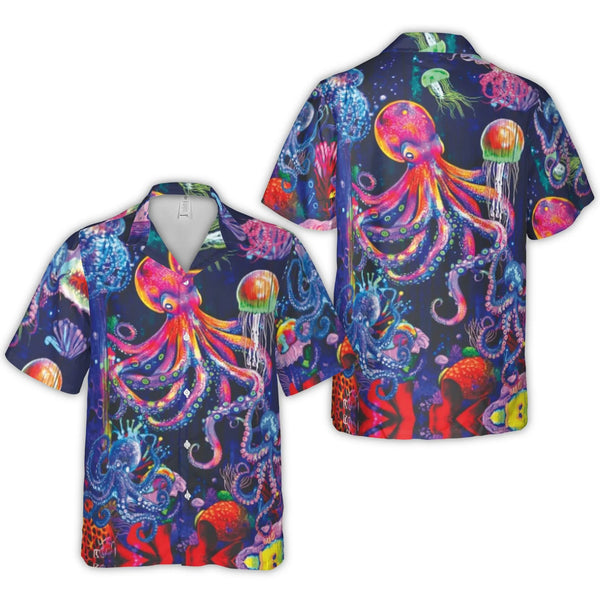 Psychedelic Octopus Hawaiian Shirt | Neon Ocean Life Underwater Print | Lightweight Woven Polyester | Gift for Tropical Beach