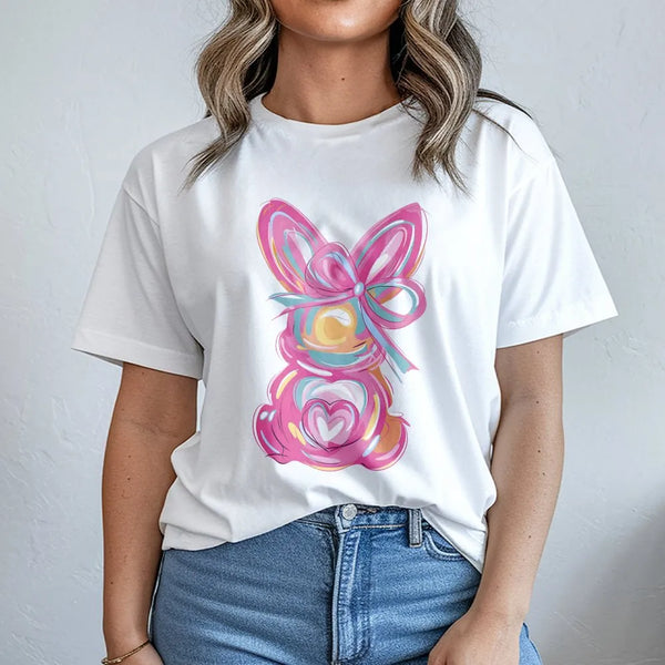 Easter Bunny T-Shirt | Abstract Watercolor Rabbit With Pink Bow | Premium 100% Cotton Tee | Spring Festival Gift For Women An