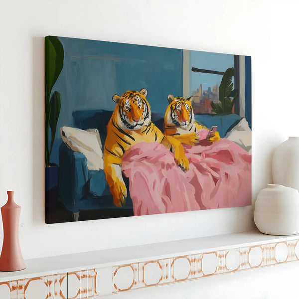 Tiger Wall Art Canvas | Whimsical Couch Couple Portrait | Gallery Wrap Premium Print | Funny Animal Home Decor Gift