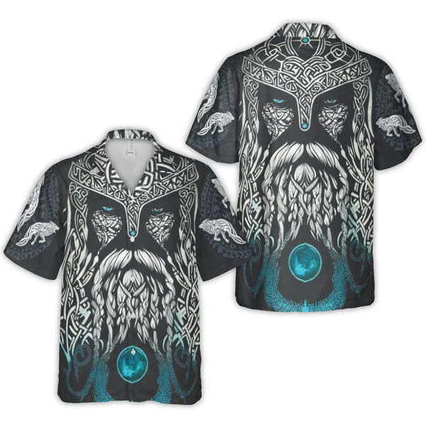 Viking Odin Hawaiian Shirt | Norse Mythology Wolf Celtic Knot Graphic | Breathable Polyester Cuban Collar | Gift for Viking E