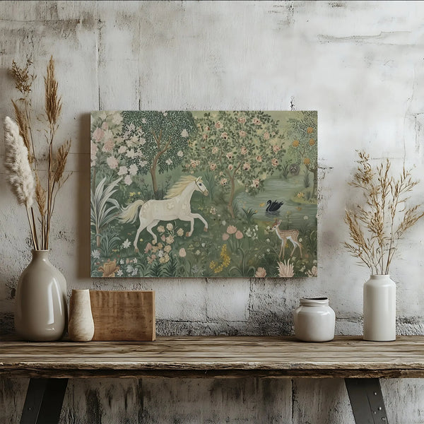 Enchanted Forest Canvas Wall Art | Whimsical Horse and Fawn Landscape | Premium 1.25-Inch Gallery Wrap | Magical Woodland Dec