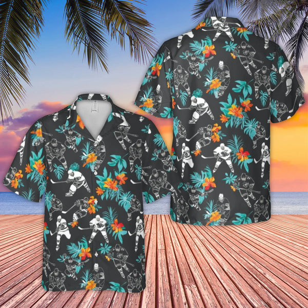 Ice Hockey Tropical Hawaiian Shirt | Floral Sports Button Down | Premium Lightweight Polyester | Unique Hockey Fan Summer Gif