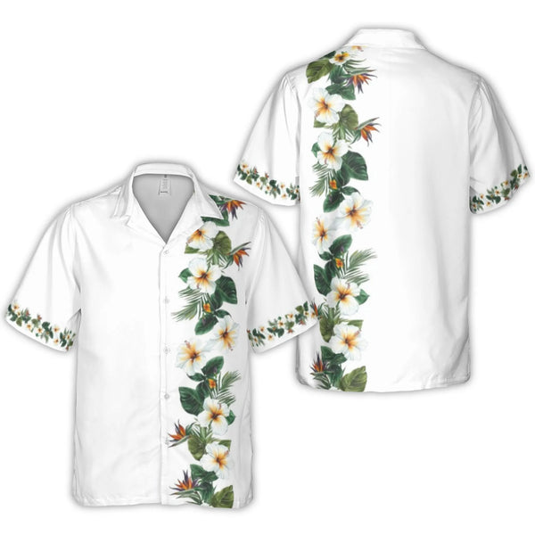 Tropical Hawaiian Shirt | White Hibiscus and Bird of Paradise Floral Print | Lightweight Woven Polyester | Vacation Beach Sum