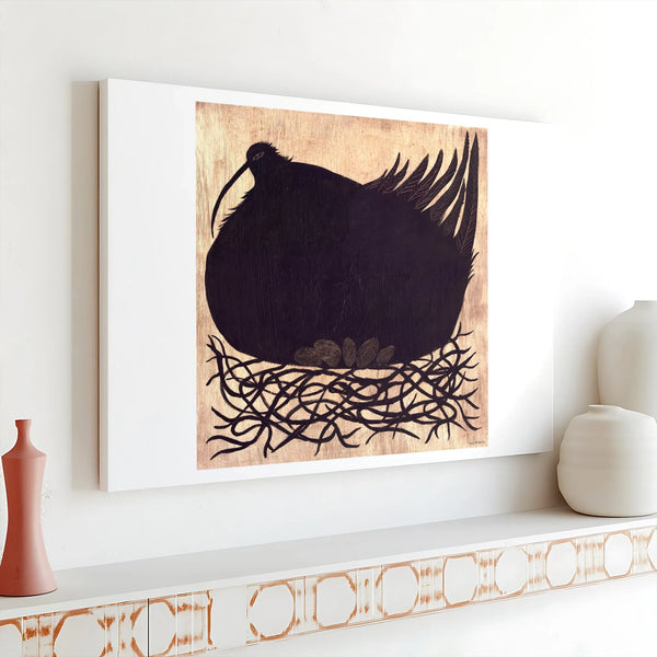Nesting Bird Canvas Art | Woodcut Style Black and Gold Wall Decor | Premium 1.25 Inch Gallery Wrap | Unique Bird Lover Gift f