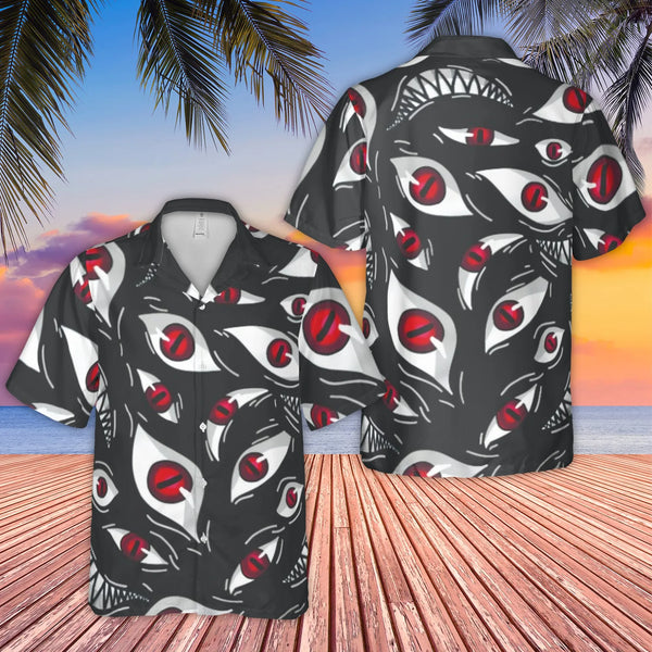 Demonic Eye Hawaiian Shirt | Spooky Red Eyes Graphic Print | Lightweight Woven Polyester | Unique Alternative Style Gift for 