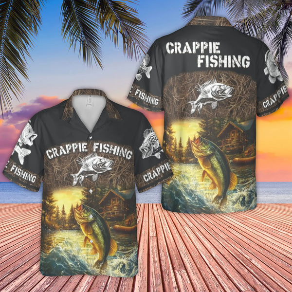 Crappie Fishing Hawaiian Shirt | Scenic Log Cabin & Lake Bass Graphic | Premium Wrinkle-Resistant Polyester | Perfect Gift fo