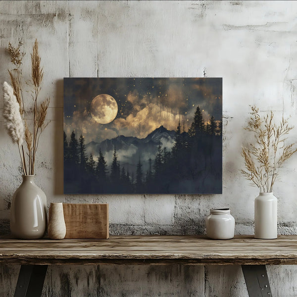 Full Moon Mountain Canvas Wall Art | Mystical Forest Night Landscape | Premium 1.25 Inch Gallery Wrap | Celestial Nature Home