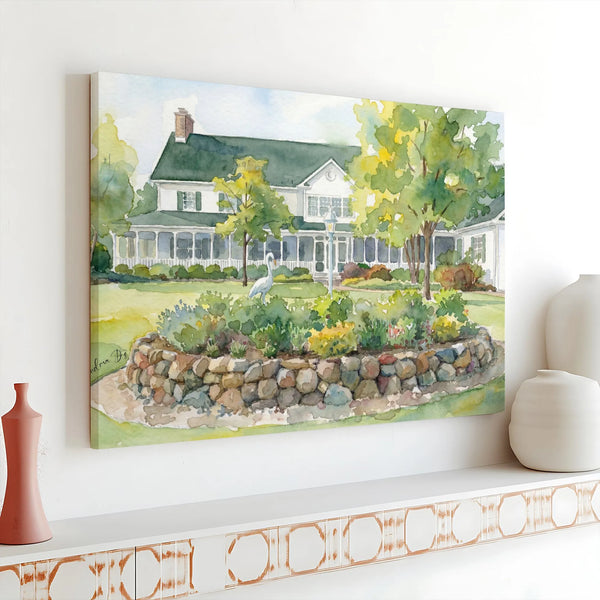 Watercolor House Canvas Print | Charming Garden Cottage Wall Art | Gallery Wrapped Premium Canvas | Coastal Cottage Decor For