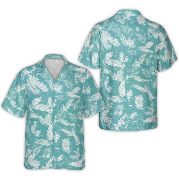 Teal Tropical Palm Leaf Hawaiian Shirt | Cuban Collar Summer Vacation Print | Lightweight Woven Polyester | Trendy Beachwear 