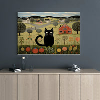 Folk Art Black Cat Canvas Print | Whimsical Rural Landscape Wall Decor | 1.25" Gallery Wrap | Premium Farmhouse Artwork for Cat Lovers