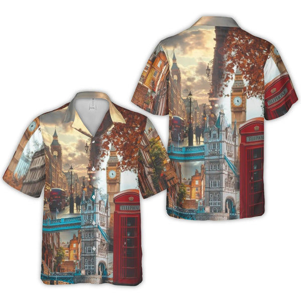 London Landmarks Hawaiian Shirt | Big Ben & Tower Bridge Collage | Premium Breathable Polyester | Travel Gift for United King