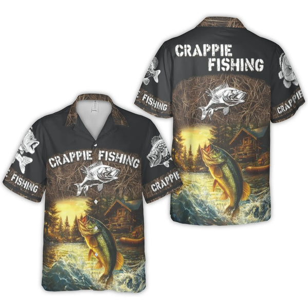 Crappie Fishing Hawaiian Shirt | Scenic Log Cabin & Lake Bass Graphic | Premium Wrinkle-Resistant Polyester | Perfect Gift fo