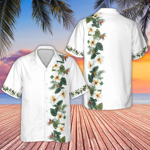 Tropical Hawaiian Shirt | White Hibiscus and Bird of Paradise Floral Print | Lightweight Woven Polyester | Vacation Beach Sum