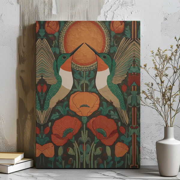 Art Nouveau Canvas Print | Hummingbird And Poppy Botanical Illustration | 1.25 Inch Gallery Wrap Wall Art | Elegant Home Deco