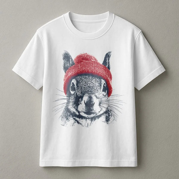 Squirrel T-Shirt | Cute Animal Wearing Red Beanie Illustration | 100% Premium Cotton Tee | Wildlife Lover Gift For Men And Wo