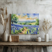 Watercolor Bluebonnet Landscape Canvas | Floral Meadow Art Print | 1.25 Inch Gallery Wrap | Nature-Inspired Home Decor Gift