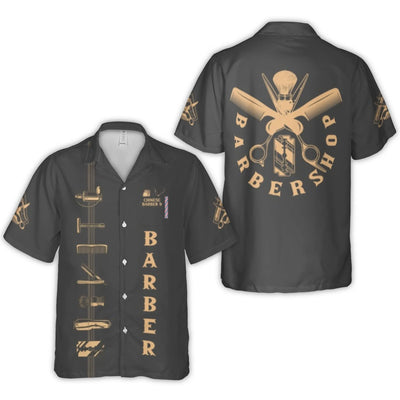 Barber Shop Hawaiian Shirt | Vintage Barber Tools Print | Durable Woven Polyester | Perfect Gift for Barbers and Hair Stylists