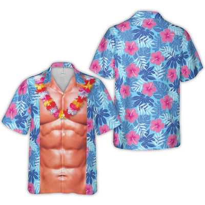Funny Six Pack Abs Hawaiian Shirt | Tropical Hibiscus Lei Print | Lightweight Woven Polyester | Gag Gift for Beach Parties and Vacations