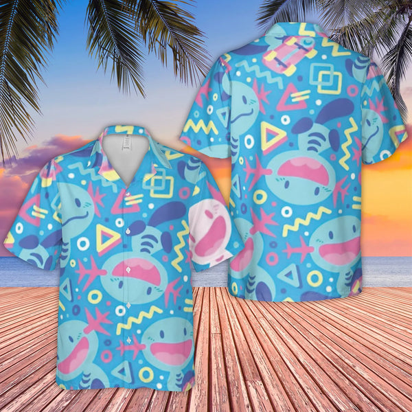 Retro 90s Gaming Pattern Hawaiian Shirt | Vibrant Blue Axolotl Character Print | Lightweight Breathable Polyester | Fun Summe