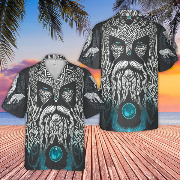 Viking Odin Hawaiian Shirt | Norse Mythology Wolf Celtic Knot Graphic | Breathable Polyester Cuban Collar | Gift for Viking E