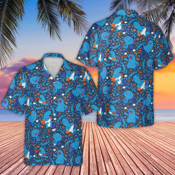 Cute Axolotl Hawaiian Shirt | Blue Creature Summer Button-Down | Premium Lightweight Polyester | Gamer Gift For Him And Her
