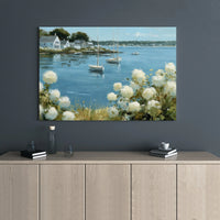 Coastal Harbor Sailboat Canvas Print | Impasto Hydrangea Landscape Art | 1.25 Inch Gallery Wrap | Premium Nautical Wall Decor