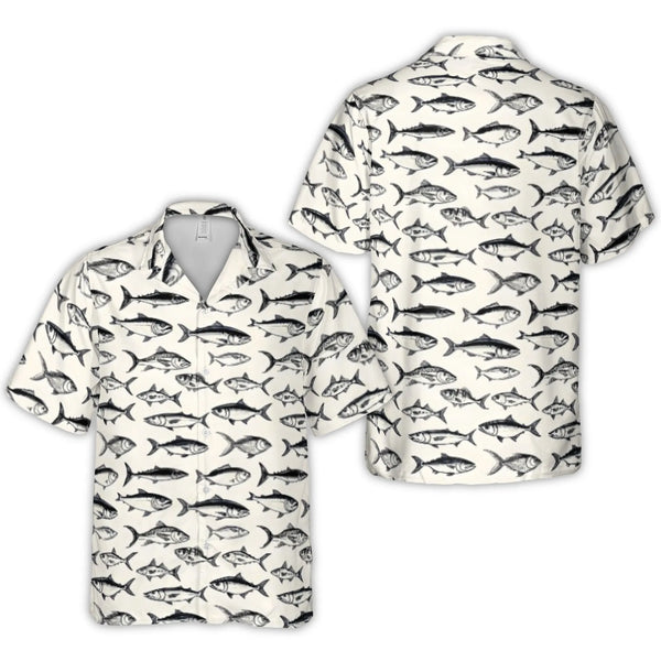 Fish Print Hawaiian Shirt | Vintage Fishing Illustration Pattern | Lightweight Woven Polyester | Unique Gift for Fisherman an