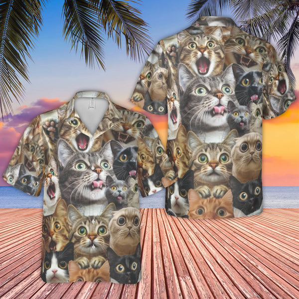 Funny Cat Face Hawaiian Shirt | Cute Kitten Collage Print | Lightweight Wrinkle-Resistant Polyester | Quirky Gift for Cat Lov