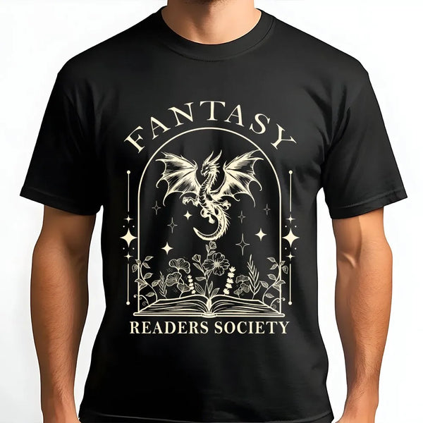 Fantasy Readers Society T-Shirt | Magical Dragon Book Art | Premium 100% Cotton Tee | Gift for Book Lovers and Fantasy Reader