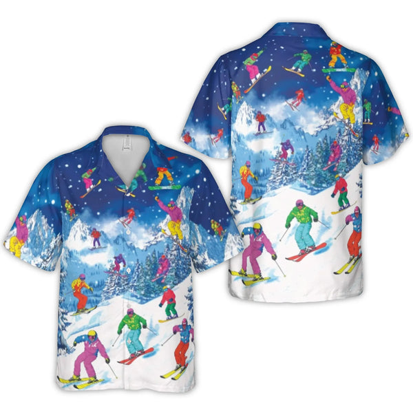 Skiing Hawaiian Shirt | Retro Snowboarder Winter Mountain Print | Premium Woven Polyester | Unique Gift for Skiers and Winter