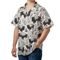 Bison Hawaiian Shirt | Western Desert Cactus Sketch Print | Durable Woven Polyester | Men’s Summer Vacation Button Down Gift