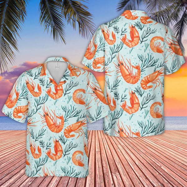 Shrimp Print Hawaiian Shirt | Tropical Seafood Beach Button Down | Lightweight Woven Polyester | Fun Summer Vacation Gift for