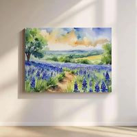 Bluebonnet Flower Field Canvas Print | Watercolor Texas Landscape Art | 1.25” Gallery Wrap | Premium Nature Wall Decor for Home Office
