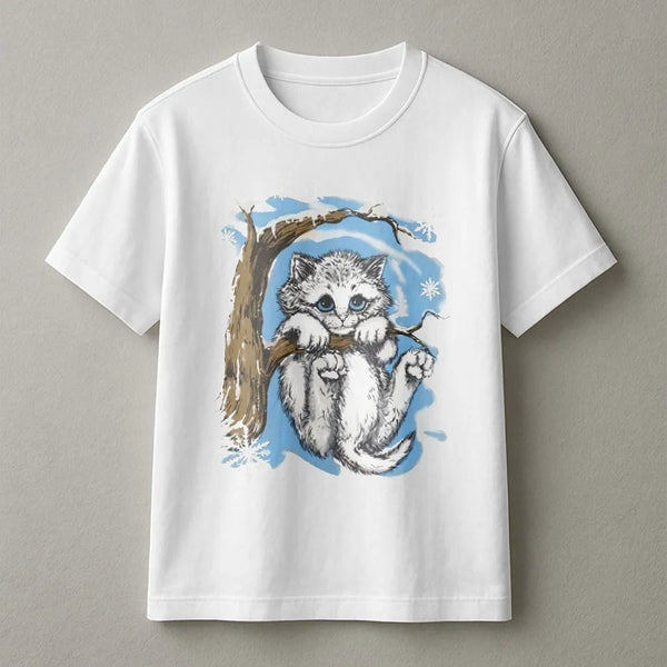 Cute Kitten T-Shirt | Winter Snow Flake Cat Illustration | 100% Cotton Premium Graphic Tee | Gift For Cat Lovers Women Men