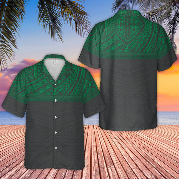 Polynesian Tribal Hawaiian Shirt | Green and Black Island Pattern | Lightweight Woven Polyester | Premium Summer Vacation Gif