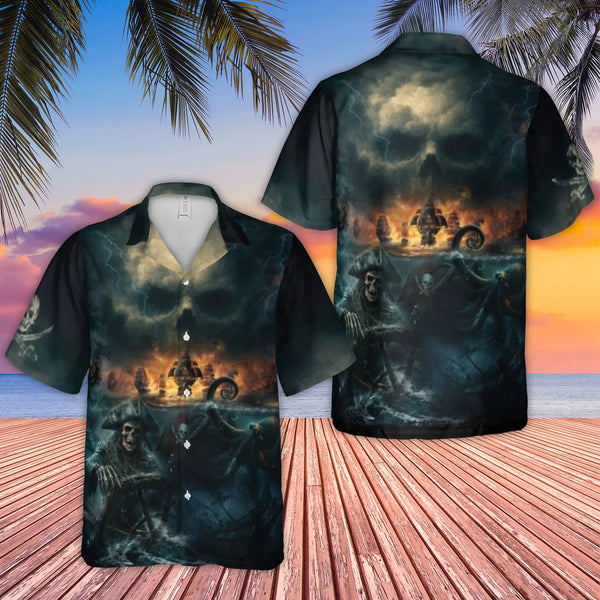 Pirate Skull Hawaiian Shirt | Kraken Storm Graphic Print | Premium Polyester Button-Up | Gothic Beach Vacation Gift For Men