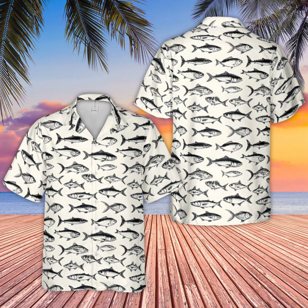 Fish Print Hawaiian Shirt | Vintage Fishing Illustration Pattern | Lightweight Woven Polyester | Unique Gift for Fisherman an