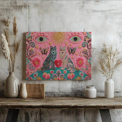 Two Wolves Wall Art | Bohemian Spiritual Heart & Evil Eye Decor | Premium Gallery Wrap Canvas | Unique Gift For Nature Lovers