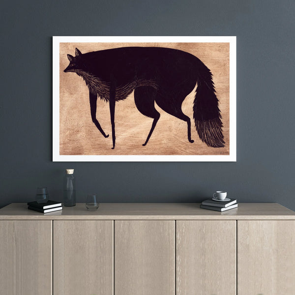 Black Fox Canvas Wall Art | Stylized Minimalist Woodcut Print | Premium Gallery Wrap Decor | Nature Inspired Gift for Living 
