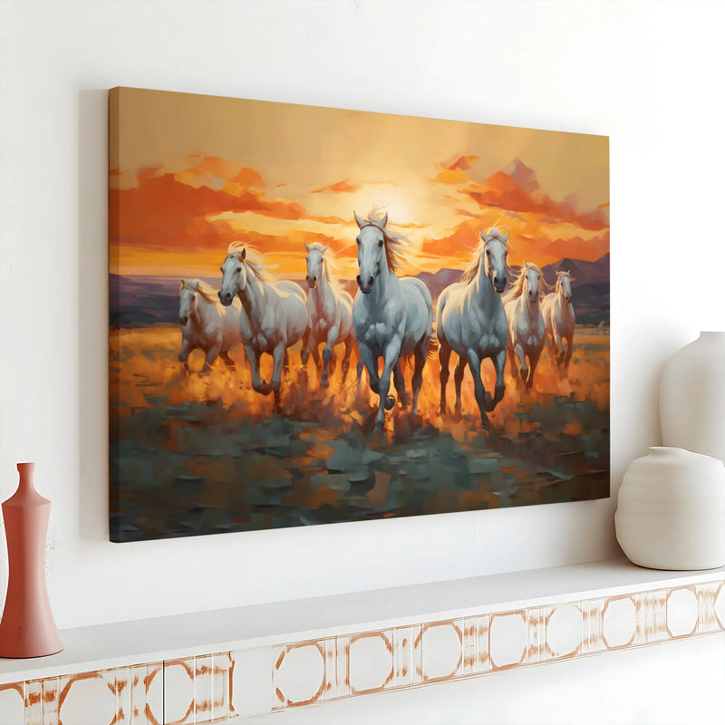 Running White Horses Canvas Wall Art | Sunset Equine Stampede Print | Premium 1.25-Inch Gallery Wrap | Southwestern Home Decor Gift