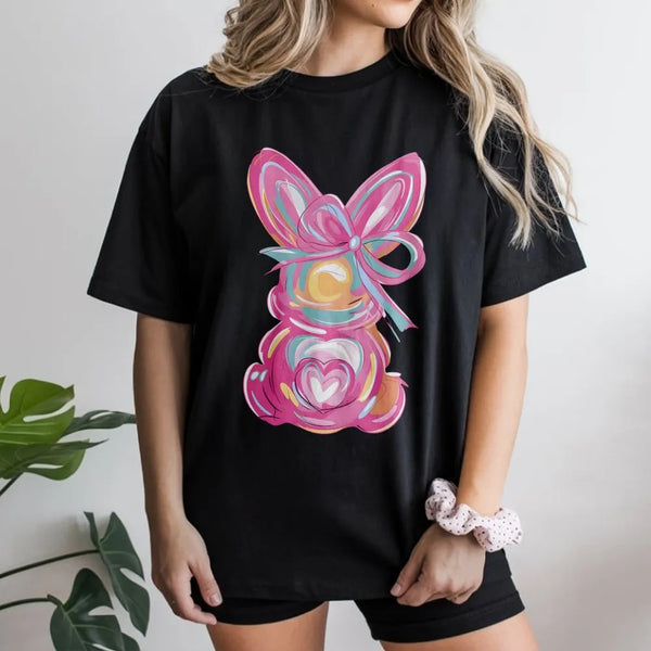 Easter Bunny T-Shirt | Abstract Watercolor Rabbit With Pink Bow | Premium 100% Cotton Tee | Spring Festival Gift For Women An