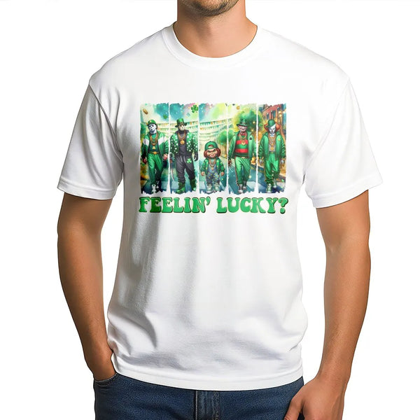 Feelin Lucky Horror T-Shirt | Slasher Movie Squad St. Patrick's Day Graphic Tee | 100% Cotton Premium Unisex Shirt | Funny Ho