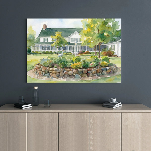 Watercolor House Canvas Print | Charming Garden Cottage Wall Art | Gallery Wrapped Premium Canvas | Coastal Cottage Decor For
