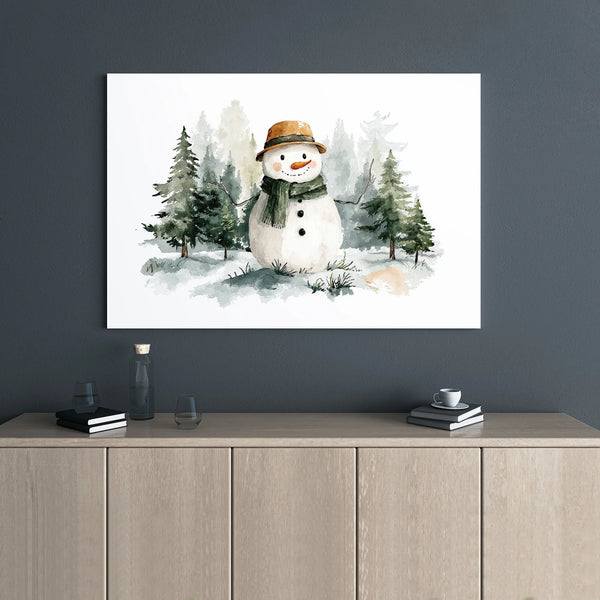 Watercolor Snowman Wall Art | Winter Forest Christmas Canvas Print | Premium Gallery Wrap Decor | Holiday Seasonal Gift for H