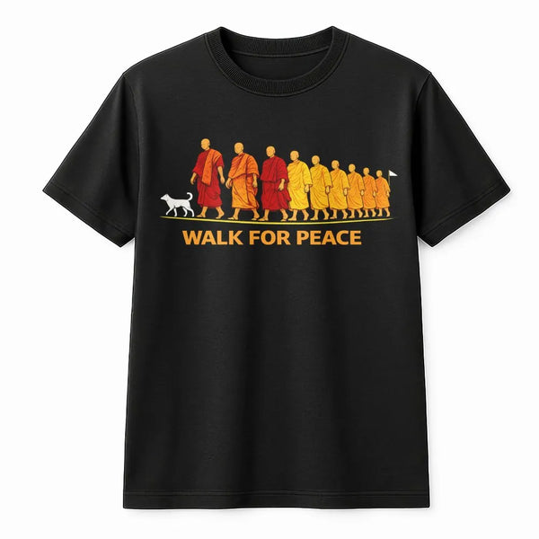 Walk For Peace T-Shirt | Buddhist Monk Dog Graphic Tee | Premium 100% Cotton Apparel | Inspirational Spiritual Gift for Yoga 