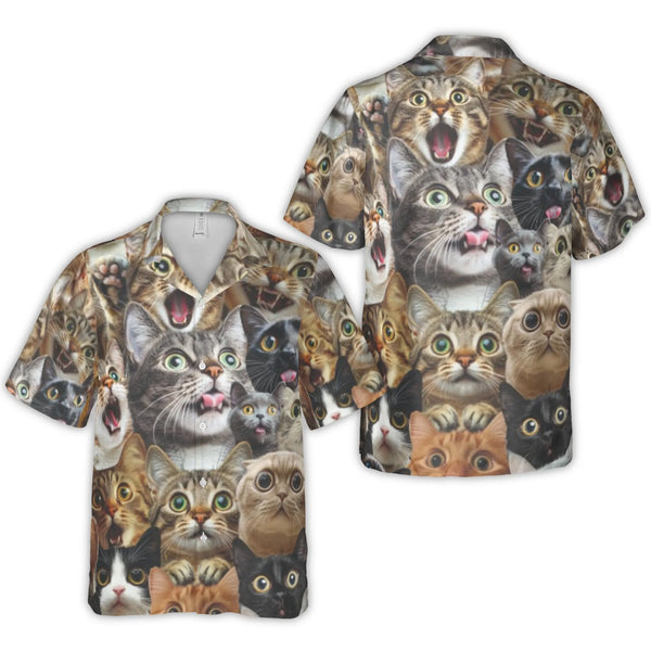 Funny Cat Face Hawaiian Shirt | Cute Kitten Collage Print | Lightweight Wrinkle-Resistant Polyester | Quirky Gift for Cat Lov