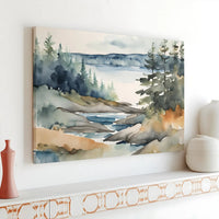 Watercolor Lake Landscape Canvas | Pine Tree Forest Wall Art | Premium 1.25" Gallery Wrap | Nature-Inspired Home Decor Gift