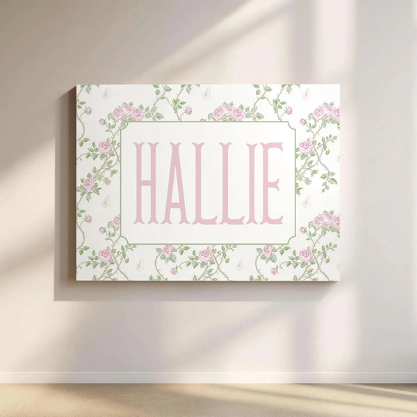 Hallie Name Wall Art | Floral Rose Vine & Butterfly Decor | Premium 1.25-Inch Gallery Wrap Canvas | Personalized Gift for Gir