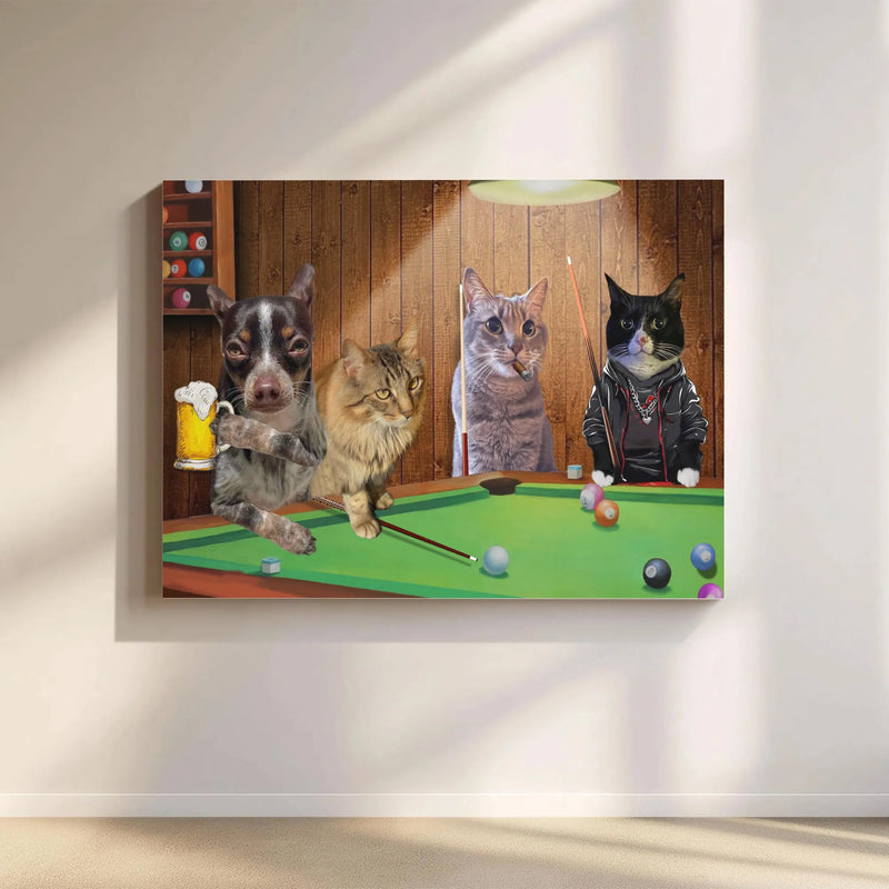 Cats and Dog Playing Pool Canvas Art | Funny Billiards Room Decor | 1.25 Inch Premium Gallery Wrap | Unique Gift for Pet Lovers and Pool Players